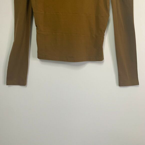Free People Crop Top Tan Bow‎ Ruffle Deep V-Neck Long Sleeve Women's Size Medium - Picture 6 of 8
